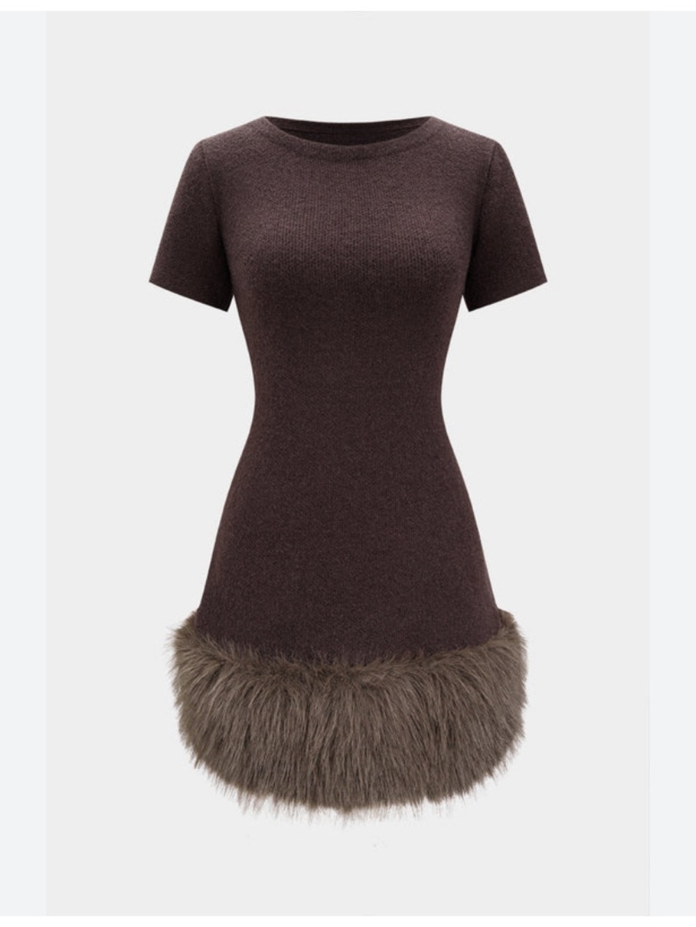 Zara Chocolate Brown wool blend Knit Short sleeved  Dress wth Fur Hem Size Large